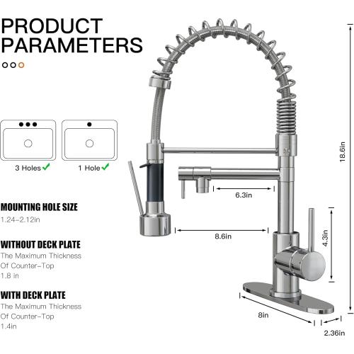 Dual Spout Kitchen Faucet with Pull Down Sprayer, Chrome Stainless Steel Commercial Sink Faucet, Single Handle, 1 or 3 Hole Install, for Farmhouse RV Laundry Utility Wet Bar