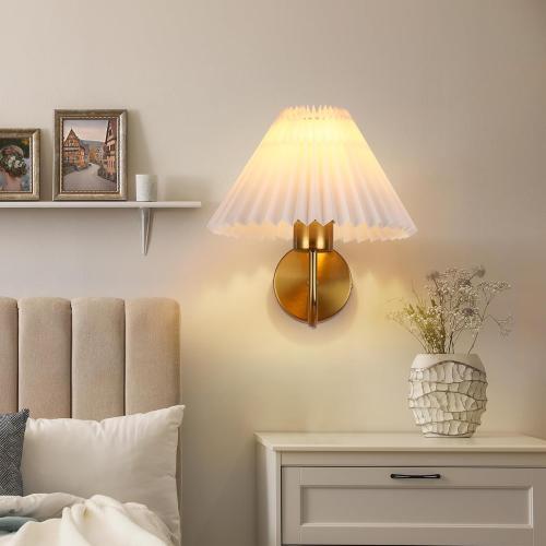 Gold Wall Sconces Sets of 2, Indoor Wall Light Fixtures with Fabric Lampshade, Pleated Fabric Wall Lamp Dresser Hardwired Lamp Wall Lighting Fixture for Bedroom Living Room Porch Dining Room
