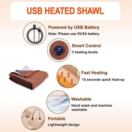 Portable Cordless Electric Heated Blanket Battery Operated, USB Heated Warming Wearable Wraps Blanket Shawl for Car, Home, Office, Travelling, Wireless Battery Heated Zipper Washable (Brown)