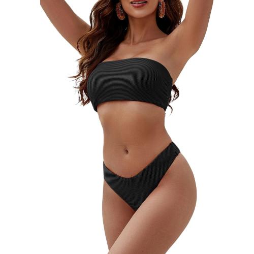 ZAFUL Women Strapless Textured Bandeau Bikini 2 Piece Swimwear Cheeky Solid Lace up Bathing Suits