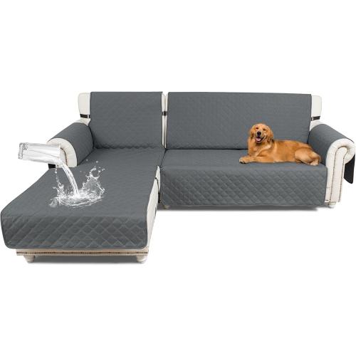 Grey XL Sectional Couch Covers 100% Waterproof L Shaped Sofa Slipcover Reversible Chaise Lounge Cover for Sectional Sofa Cover for Pets Cat Dog Kids Family