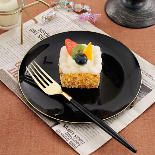 I00000 144Pcs Black and Gold Dessert Plate Set, Including 72Pcs Black and Gold Plastic Plates 7.5 and 72Pcs Disposable forks 8.5, Fancy Salad Plates with Gold Rim for Thanksgiving and Party