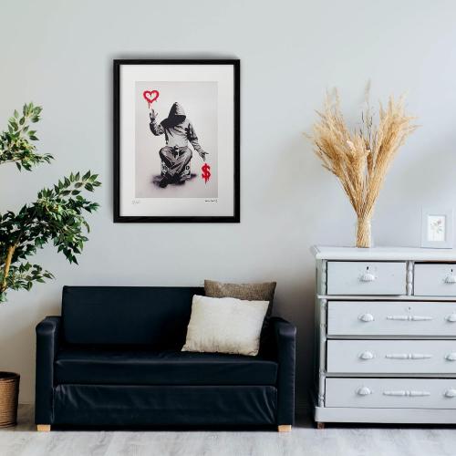 OVVGVV Framed Banksy Wall Decor, Love Over Money Hoodie Men Minimalist Positive Graffiti Street Art for Bedroom, Living Room, Office (12x16in,Type2)