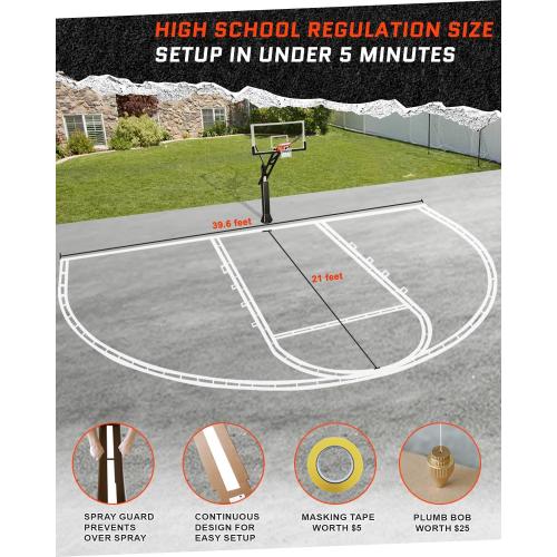 Basketball Court Marking Kit, Basketball Court Stencil Kit for Concrete Driveway and Asphalt | Quick Setup Corrugated Paper with Plump Bob Spray Guard | Regulation Size 39.6' X 21'