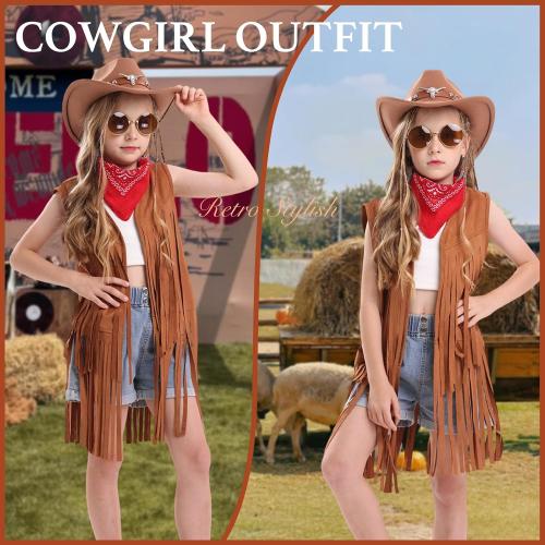 Cowgirl Outfits Costume for Girls 6 Pcs Kids Western Outfit Cowboy Hat Tassel Fringe Vest Earring for Halloween Party