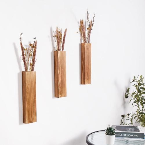 3-Pack Decorative Wood Wall Planters for Artificial Plant, Dried Flower Stems, 12 Slim Wood Wall Vases for Living Room, Bedroom, Bathroom, Apartment Decor