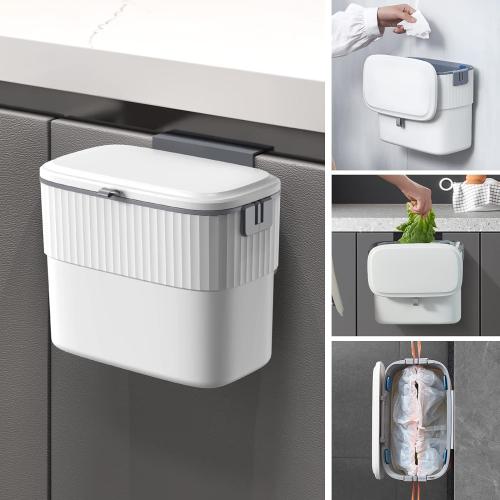 ELPHECO Kitchen Compost Bin with Lid 1.8 Gallon Hanging Trash Can with Lid, 7 Liter Wall-Mounted Garbage Can for Kitchen Cabinet Door, Small Under Sink Trash Can for Cupboard, Bathroom, Office