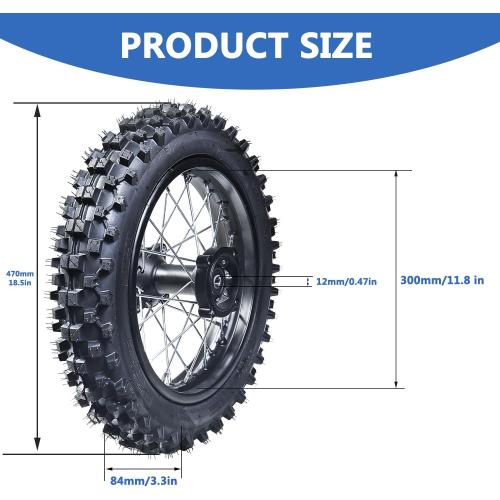 3.00-12 80/100-12 Dirt Bike Rear Rim Wheel Tire With 12mm Bearing for 50cc 110cc 125cc SSR125 TTR90 TTR110 PW80 CRF70 XR70 KX65 KLX110 RM65 Apollo TaoTao DB14 Coolster Pit Bike Motorcycle