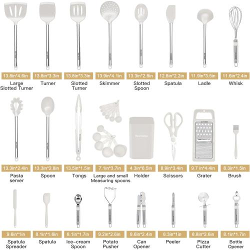 Kitchen Utensil Set-Silicone Cooking Utensils-33 Kitchen Gadgets & Spoons for Nonstick Cookware-Silicone and Stainless Steel Spatula Set-Best Kitchen Tools, Useful Pots (Cream White)