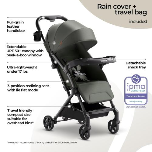 Mompush Lithe V2 Lightweight Travel Stroller, Compact Foldable Baby Stroller with Travel Bag, One-Hand Fold Stroller, Snack Tray, Mechanical Recline Seat, Airplane-Ready, UPF 50  Canopy & Rain Cover