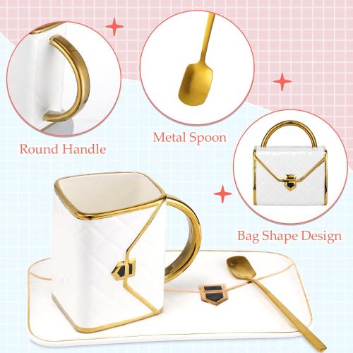 Sliner Set of  4 Size 10oz Coffee Mug Handbag Shaped Ceramic Tea Cup with Saucer Spoon 10 Oz/ 310 ml Purse Gift Mug for Office Home Coffee Tea Hot Chocolate Cappuccino(Classic)