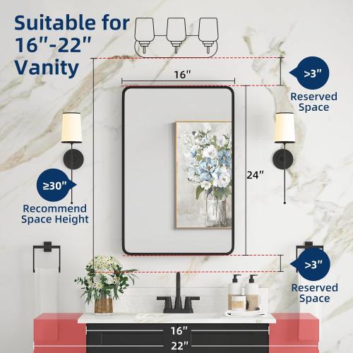 Bathroom Medicine Cabinet with Mirror 16 x 24 Inch, Black Medicine Cabinet Recessed or Surface Wall-Mounted, Mirrored Cabinets with 2 Adjustable Shelves for Bathroom Vanity