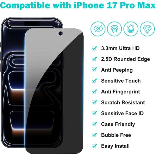 PEHAEL 3 3 Pack for iPhone 17 Pro Max Privacy Screen Protector with Camera Lens Protector Full Coverage Anti-Spy Tempered Glass Film 9H Hardness Easy Installation Bubble Free [6.9 inch]