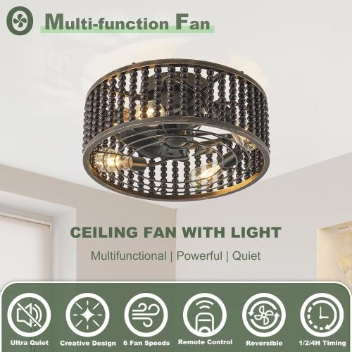 Ceiling Fans with Lights and Remote - Bulbs Included, Caged Fandelier with Handcrafted Beaded Décor 19 inches Reversible Flush Mount Installation Ceiling Fan, Gloss Black
