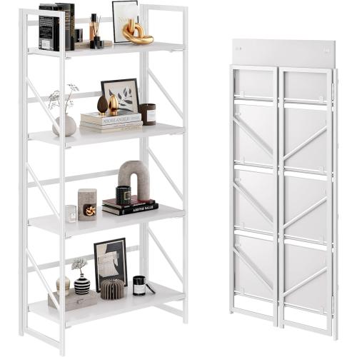 JSB No Assembly Folding Bookshelf, 4 Tier Industrial Metal Book Shelf for Storage, Vintage Wood Foldable Bookcase for Living Room, Bedroom, Office Organization Shelves