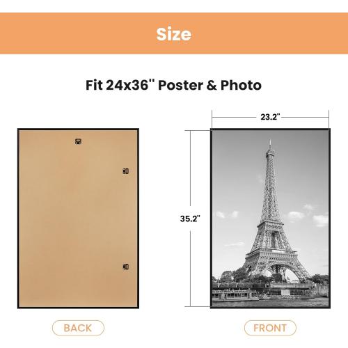 upsimples 24x36 Poster Frame Black 3 Pack, Scratch-Proof Picture Frames 24 x 36 for Photo Gallery - Slide-In Strips, Horizontal or Vertical Wall Mounting