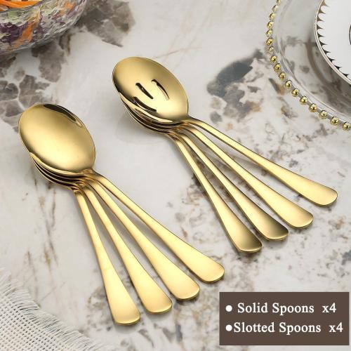Gold Serving Spoons 8 Pieces, ReaNea Stainless Steel Serving Utensils Set inclunde 4 Serving Spoon 4 Serving Slotted Spoons, Dishwasher Safe