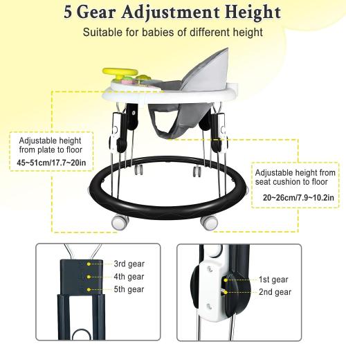 Foldable Baby Walker with Wheels 360, 5 in 1 Toddler Activity Walkers | Adjustable Height, Music Tray, Detachable Seat, Wide Sturdy Base, Knee Pads Socks Foot Pad, Portable, Boys Girls 8-18 Months