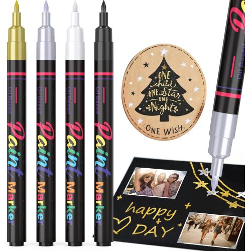 Permanent Oil Based Paint Markers: 4 Colors Waterproof Permanent Paint Pens for Metal, Rock, Wood Craft, Plastic, Fabric, Diy Christmas Gift, Engineer Detail Work, Fine Point Oil Based Marker