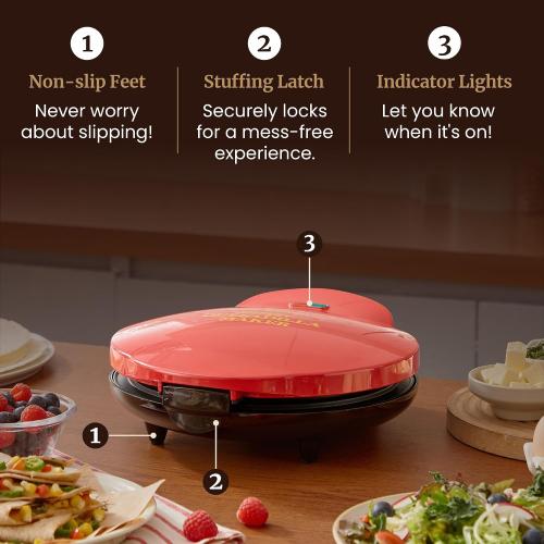 Elite Gourmet 10.65 Cheesy Quesadilla Maker, 2-Position Locking Latch, Red