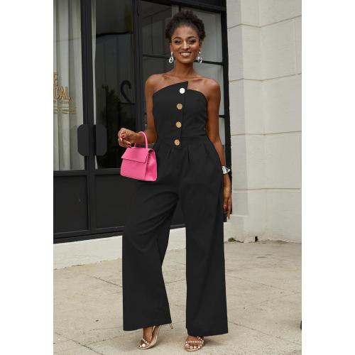 MEDIUM DINGANG Elegant Strapless Jumpsuit for Womens Dressy Off Shoulder Tube Top Button Wide Leg Romper