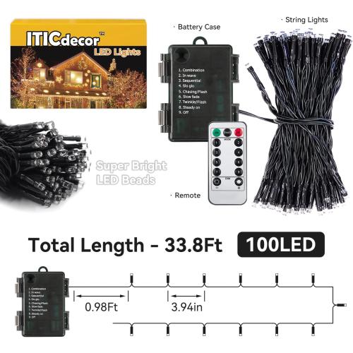 ITICdecor 33ft 100 LED Christmas String Lights, Waterproof Fairy Starry String Lights Battery Operated, 8 Modes Decorative Lights for Indoor Outdoor Xmas Tree Party Garden (White)