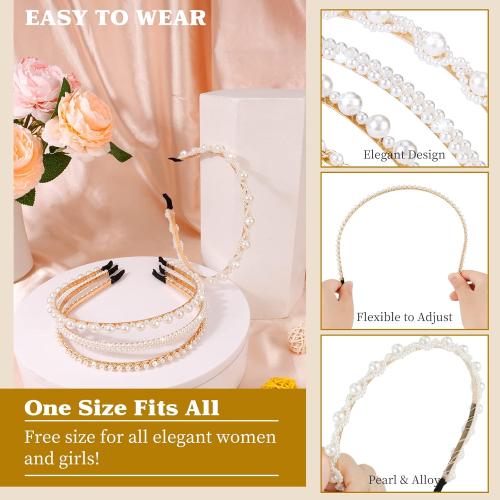 Pearl Headbands 4 Pack - White Faux Pearl Bridal Hair Hoops, Cute Party and Wedding Hair Accessories for Women and Girls