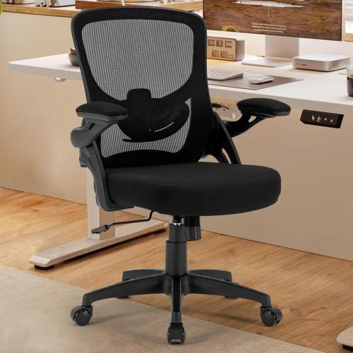 Office Chair, Ergonomic Computer Desk Chair with Adjustable Lumbar Support Comfy Breathable Mesh Chair with Flip-up Arms, Mid Back Swivel Executive Task Chair for Home Office 300lbs, Black