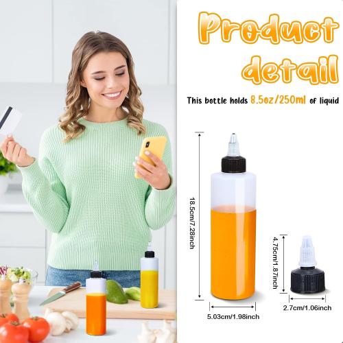 Eccliy 50 Pack 8.5 oz Plastic Squeeze Condiment Bottles with Twist on Cap Lids, Sauce Squeeze Multipurpose Squirt Bottles for BBQ Sauce Dressing Grilling Crafts Syrup Oil, 250 ml