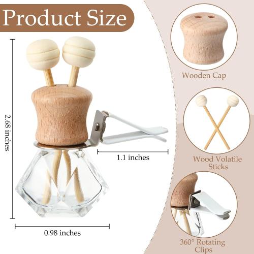 Zubebe 30 Pack 8 ml Diamond Essential Oil Diffuser Bottle Bulk Car Air Freshener Vent Clip Auto Perfume Vent Diffuser for Aromatherapy Fragrance Ornament Decor, Glass Bottle with Wooden Caps Stick