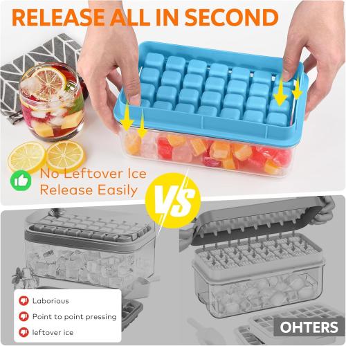 Longzon Ice Cube Tray with Lid and Bin, 56 Pcs Ice Cube Trays for Freezer, Ice Cube Mold, Ice Molds Spill-Resistant Removable Lid & Ice Scoop, Ice Mold for Whiskey Cocktail, Tea, Coffee -Blue