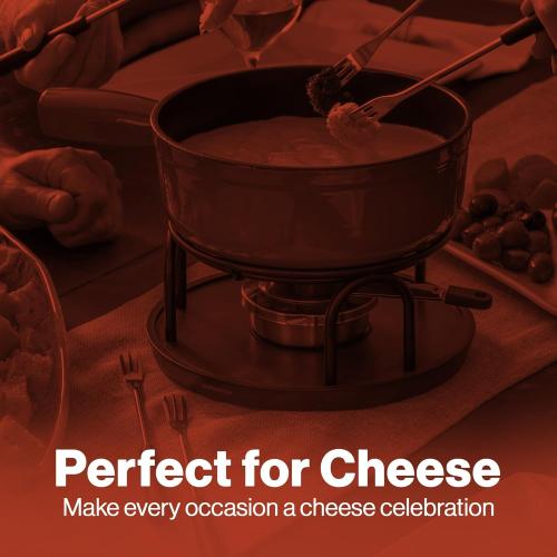 Swissmar Ticino Cast Iron Fondue Set with Enameled Interior, 2L / 2 QT – 9-Piece Cheese & Chocolate Fondue Pot with Forks, Burner & Beechwood Base – Perfect for Family Gatherings & Gift Giving – Red