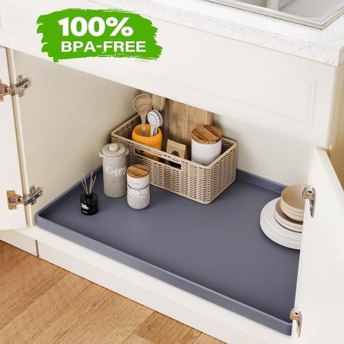 FLATO Waterproof Under Sink Mat 34 x 22 Shelf Liner for Kitchen and Bathroom, Cabinet Protector, Organizers and Storage, Flexible Silicone Drip Tray