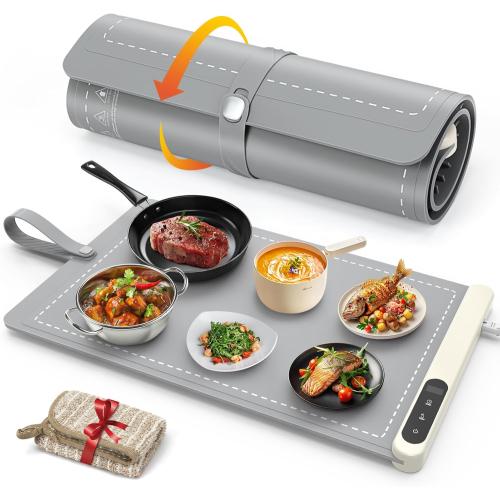 FYY Warming Mat for Food - Rapid and Full Surface Heating, 6 Temp Settings, 6H Timer, Rollable Portable Food Warming Mat, Ideal for Gatherings, Parties, Keep Meal Warm (X Large Size, Gray)