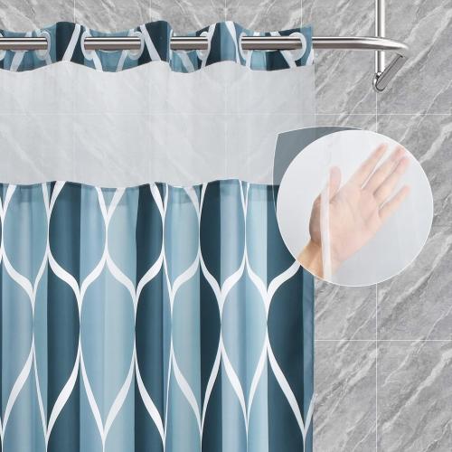 No Hook Aegean Blue Shower Curtain with Snap in Fabric Liner Set - Hotel Style with See Through Mesh Top Window, Modern Geometric Waterdrop Design,Waterproof and Washable, 71x74 INCH