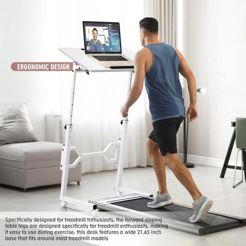 Color White Small Standing Desk with Wheels, Portable Treadmill Desk, Rolling Desk Adjustable Height for Laptop, Mobile Standing Table for Walking Pad, Bedside Table