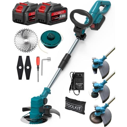 Electric Weed Wacker Cordless, 21V Electric Weed Cordless Eater Battery Powered with 2Pcs 4.0Ah Batteries, 3 in 1 Stringless Grass Trimmer/Edger/Brush Cutter for Lawn Yard Garden