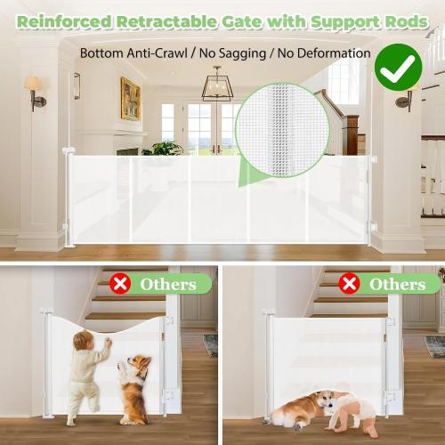 White Reinforced 120 Inch Extra Long Retractable Baby & Dog Gate with Support Rods Prevents Crawling Under, 10 Ft Wide for Large Openings, Indoor/Outdoor Gate, White