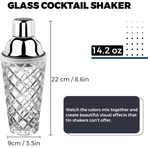 Glass Cocktail Shaker 14.2oz, Martini Shaker, Drink Shaker, Perfect for Handcrafted Cocktails, Martinis (Silver)