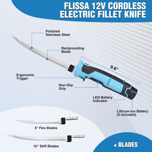 FLISSA Cordless Electric Fillet Knife for Fish with 8 and 10 Stainless Steel Blades, 12V Rechargeable Electric Knife with Non-Slip Handle, 2 Packs Long Lasting Lithium-ion Battery, Portable Carry Case