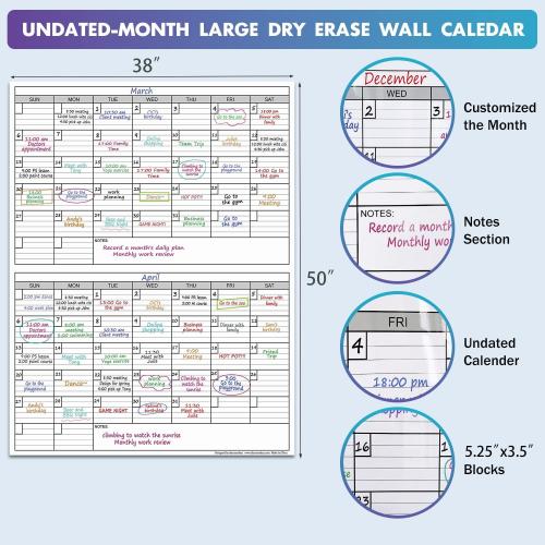 Dry Erase Two Month Laminated jumbo Wall Calendar, 38 x 50, Huge bimonthly Vertical Laminated Erasable White Board, Giant 60 day Family Whiteboard Schedule Planner, Large Multi Month Reusable Poster