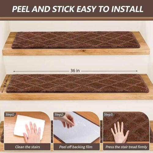 9.5x36 Stair Treads for Wooden Steps Indoor, 15 Pcs Non Slip Peel and Stick Carpet Stair Treads, Washable & Reusable Self Adhesive Stair Runner Rug for Kids Elders Pets - Brown