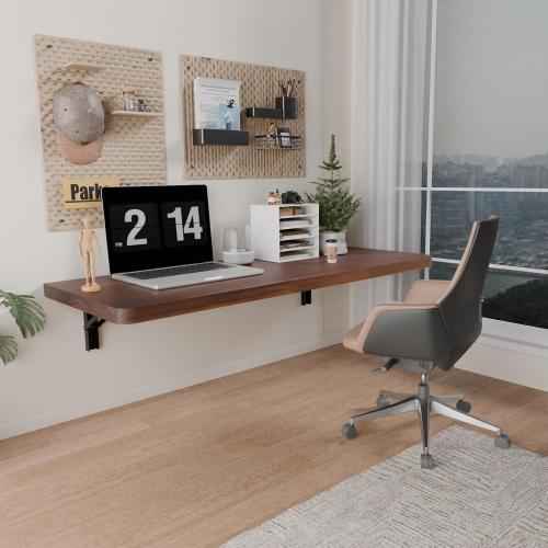 IAE Wall Mounted Folding Table with Pine Wood,36 x 14 Floating Wall Desk,Laundry Folding Table with Shelf Brackets,Fold Down Desk Shelf,Folding Workbench for Home,Dining,Laundry Room,Kitchen,Brown