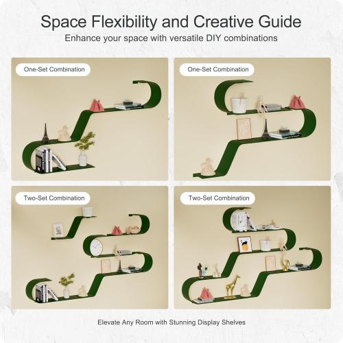 Green Floating Shelves Set of 3, Green Metal Decor, Unique Mounted Floating Shelf, Modern Long Wall Shelf, Large Wall Shelves for Bedroom, Bathroom, Living Room