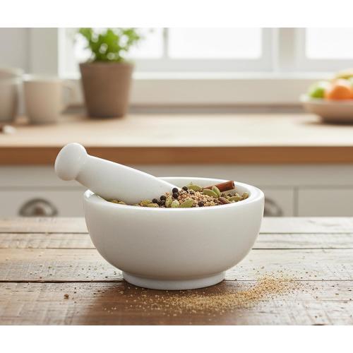 6 Wide (Big Size) Natural Stone Mortar and Pestle Set as Spice Grinder Medicine Masher - Okhli and Musal (White)