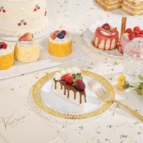 WDF 100pcs Gold Dessert Plates 7.5 with 100 Pieces Disposable Forks 7.4, Lace Design Fancy Appetizer Small Salad and Cake Plates for Thanksgiving Party/Weeding