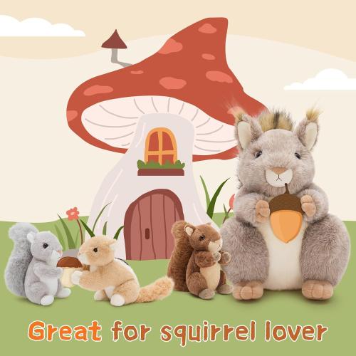 MaoGoLan 4Pcs Squirrels Stuffed Animal, Realistic Squirrel Plush Toys with 3 Baby Squirrels for Small Hand, Adorable Stuffed Squirrels Gift for Forest Animal Lover,Girls,Boys,Kids,Baby Shower