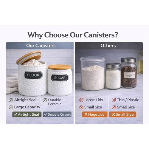 Ceramic Canister Set of 2 (94oz & 52oz) – Airtight Bamboo Lids for Flour, Sugar & Coffee – White Kitchen Storage Jars with Labels for Countertop & Pantry