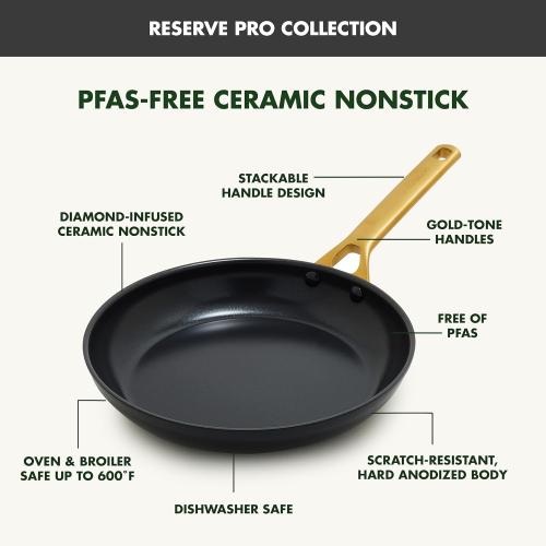 GreenPan Nonstick Reserve Pro 8, 10 & 12” Frying Pan Set, NSF Certified Ceramic, Hard Anodized PFAS-Free Skillets, Stainless Steel Handles, Oven & Dishwasher Safe, Black