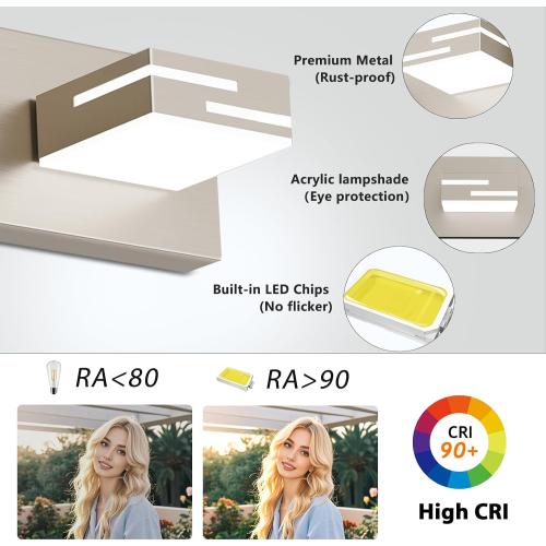 LED Modern Bathroom Vanity Light Fixtures, Dimmable Brushed Nickel Vanity Lights for Bathroom Lighting Fixtures Over Mirror, with 360° Rotatable Acrylic Heads 3-Light 22-inch (Cool White 6000K)